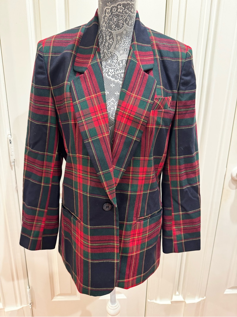 Classic Woman’s Wool Red & Green Tartan Plaid Blazer Sz 10 Old Money Preppy